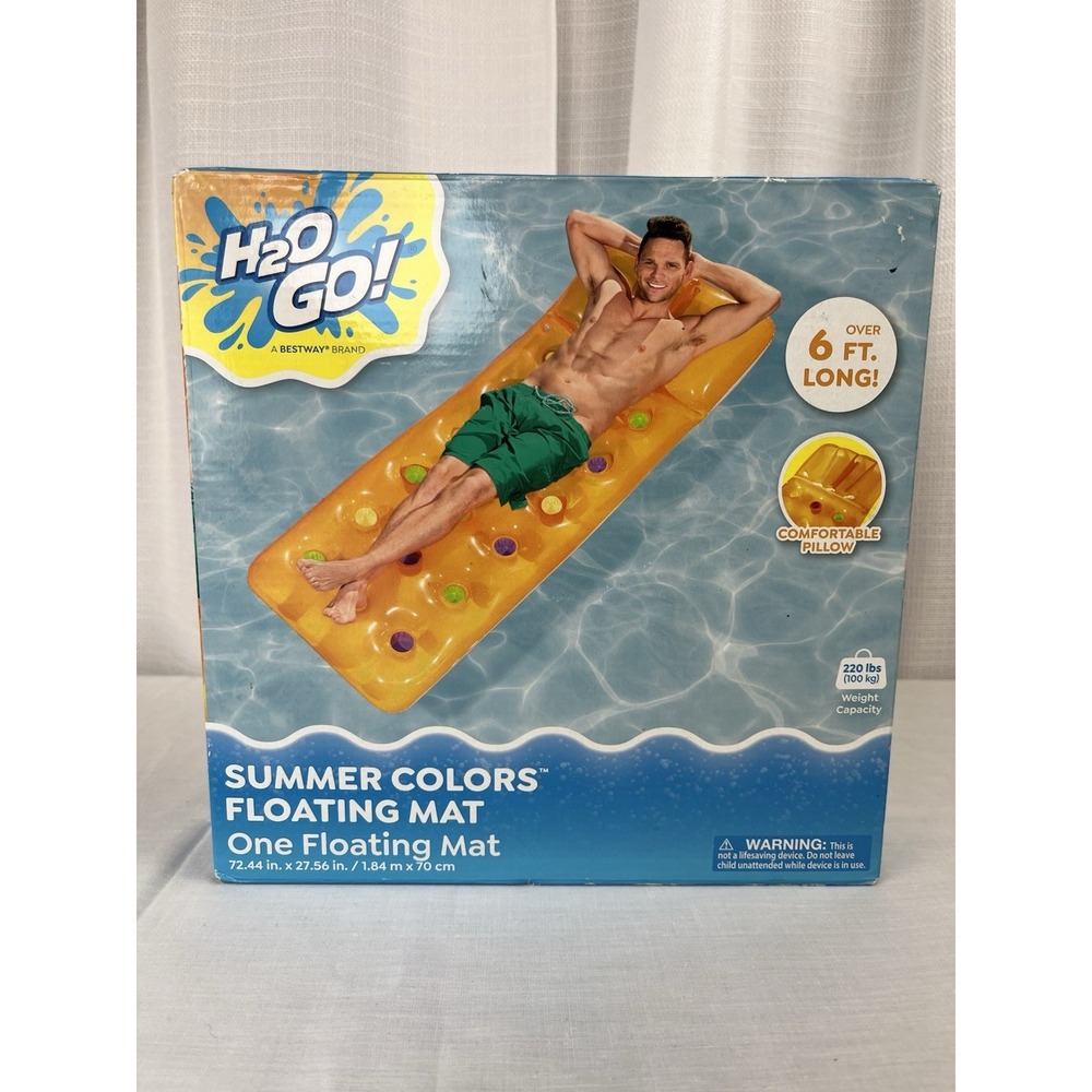 H2O GO ! Bestway Summer Colors Floating Mat Orange 6 ft. long With Comfy Pillow